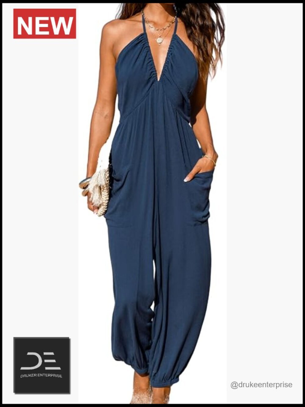 CUPSHE Plunge Halter Sleeveless Knit Jogger Maxi Jumpsuit with Pockets